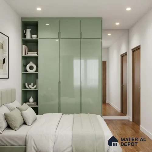 Sage Green Solid Color Acrylic Laminate LM 24628 8 ft x 4 ft High Gloss Finish - 1.5 mm | Matching Edgeband code - EB 02094 | Suitable for Living Room, Kitchen, Office