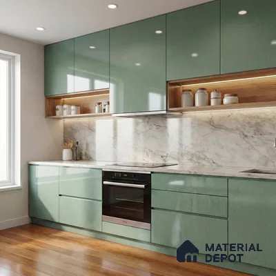 Muted Sage Green Solid Color Acrylic Laminate LM 24630 8 ft x 4 ft High Gloss Finish - 1.5 mm | Matching Edgeband code - EB 02113 | Suitable for Living Room, Kitchen, Office