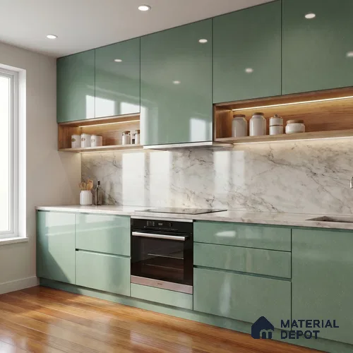 Muted Sage Green Solid Color Acrylic Laminate LM 24630 8 ft x 4 ft High Gloss Finish - 1.5 mm | Matching Edgeband code - EB 02113 | Suitable for Living Room, Kitchen, Office