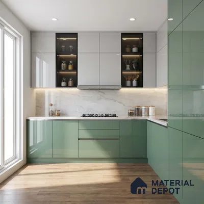 Muted Sage Green Solid Color Acrylic Laminate LM 24630 8 ft x 4 ft High Gloss Finish - 1.5 mm | Matching Edgeband code - EB 02113 | Suitable for Living Room, Kitchen, Office
