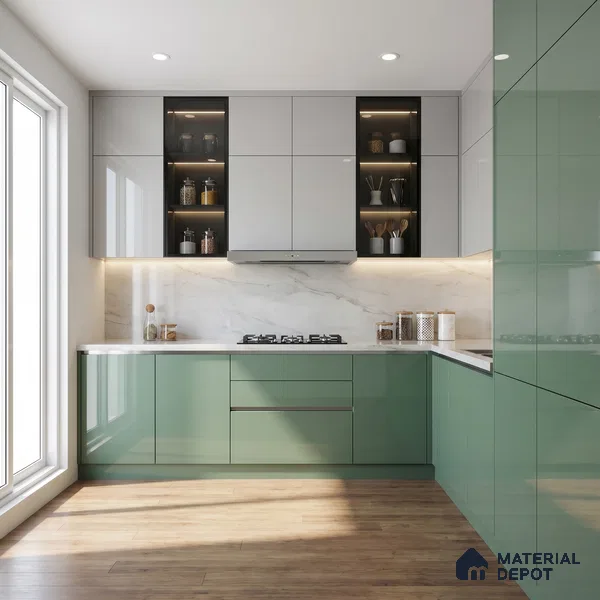 Muted Sage Green Solid Color Acrylic Laminate LM 24630 8 ft x 4 ft High Gloss Finish - 1.5 mm | Matching Edgeband code - EB 02113 | Suitable for Living Room, Kitchen, Office