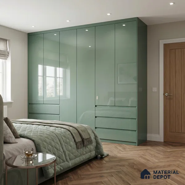 Muted Sage Green Solid Color Acrylic Laminate LM 24630 8 ft x 4 ft High Gloss Finish - 1.5 mm | Matching Edgeband code - EB 02113 | Suitable for Living Room, Kitchen, Office