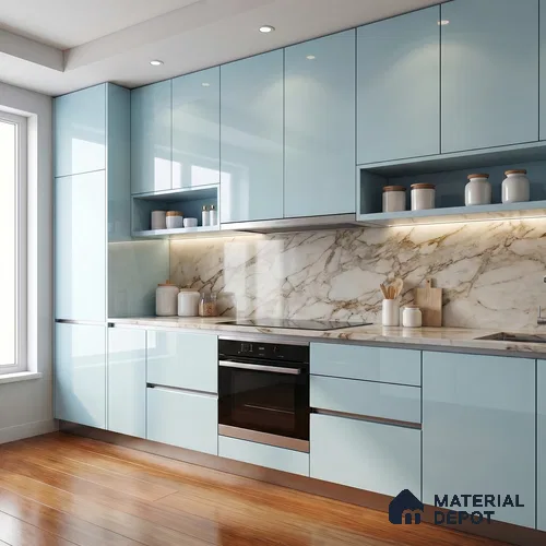Powder Blue Solid Color Acrylic Laminate LM 24639 8 ft x 4 ft High Gloss Finish - 1.5 mm | Matching Edgeband code - EB 02099 | Suitable for Living Room, Kitchen, Office