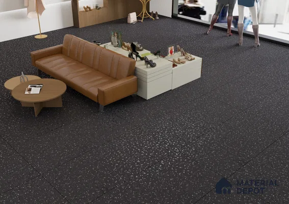 Modern Retail Space with Black Terrazzo Flooring and Leather Accents | Material Depot