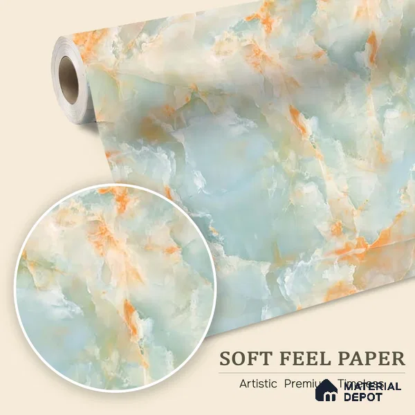 Marble Design Wallpaper for Rooms, Green and Orange Indrani Series Soft Feel Marble Design (Customised Size Wallpaper )