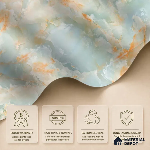 Marble Design Wallpaper for Rooms, Green and Orange Indrani Series Soft Feel Marble Design (Customised Size Wallpaper )