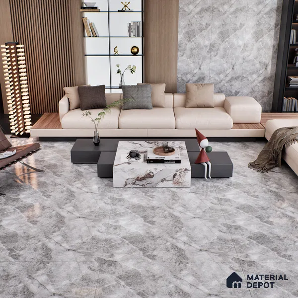Marble Floor & Wall Tile TL 07127 Dinova Grey 4 ft x 2 ft Glossy Finish Vitrified Tile - 9 mm | 3 Random Design | Suitable For living Room, Bedroom, Bathroom (Sample)