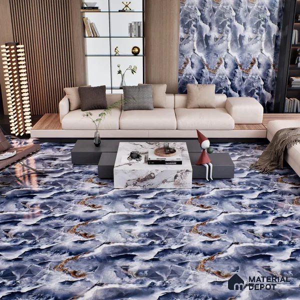 Marble Floor & Wall Tile TL 07129 Ozone Blue 4 ft x 2 ft Glossy Finish Vitrified Tile - 9 mm | 3 Random Design | Suitable For living Room, Bedroom, Bathroom | Random Designs