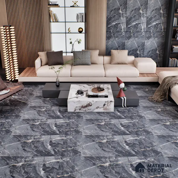 Marble Floor & Wall Tile TL 07154 Jerico Black 4 ft x 2 ft Matte Finish Vitrified Tile - 9 mm | 4 Random Design | Suitable For living Room, Bedroom, Bathroom