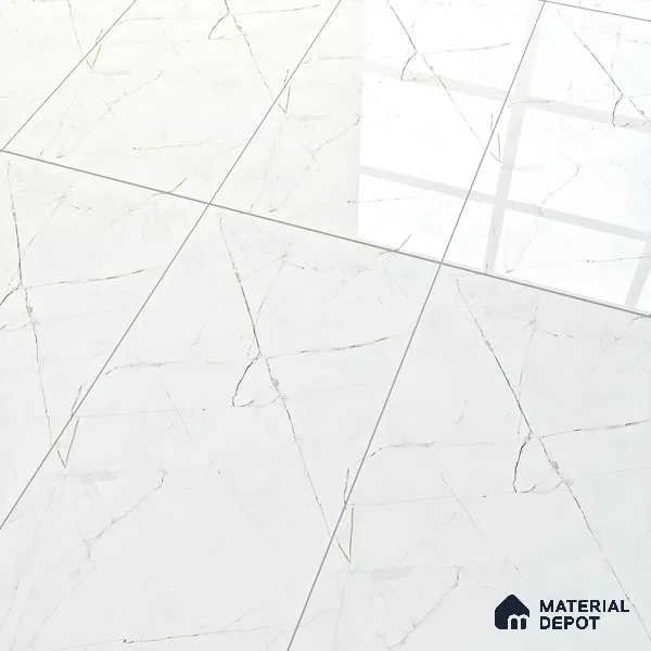 White Marble Floor & Wall Tile TL 06694 Gravier Radiant White 2 ft x 4 ft Vitrified Glossy Finish - 9 mm | 8 Random Design | Suitable for Living Room, Bedroom, Bathroom