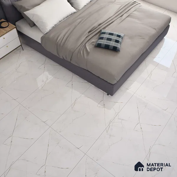 White Marble Floor & Wall Tile TL 06694 Gravier Radiant White 2 ft x 4 ft Vitrified Glossy Finish - 9 mm | 8 Random Design | Suitable for Living Room, Bedroom, Bathroom