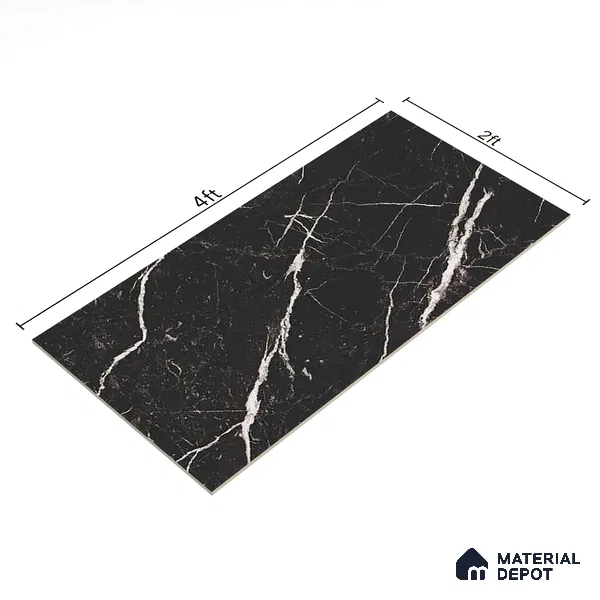 Black Marble Floor & Wall Tile TL 06711 Gravier Silver Drift 2 ft x 4 ft Vitrified High Gloss Finish - 9 mm | 4 Random Design | Suitable for Living Room, Bedroom, Bathroom