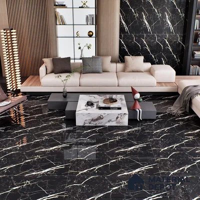 Black Marble Floor & Wall Tile TL 06711 Gravier Silver Drift 2 ft x 4 ft Vitrified High Gloss Finish - 9 mm | 4 Random Design | Suitable for Living Room, Bedroom, Bathroom