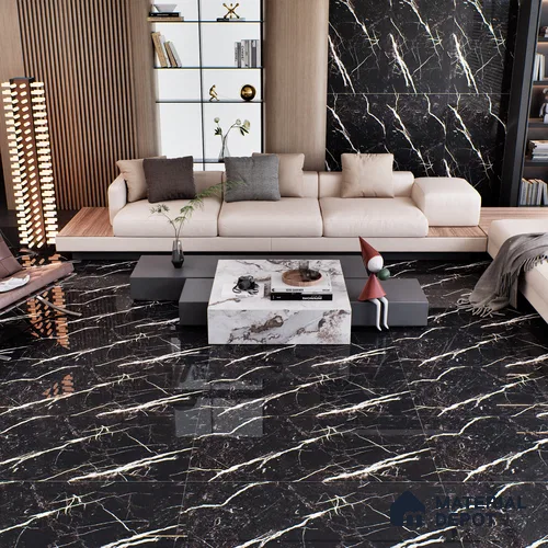 Black Marble Floor & Wall Tile TL 06711 Gravier Silver Drift 2 ft x 4 ft Vitrified High Gloss Finish - 9 mm | 4 Random Design | Suitable for Living Room, Bedroom, Bathroom