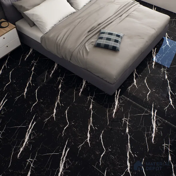 Black Marble Floor & Wall Tile TL 06711 Gravier Silver Drift 2 ft x 4 ft Vitrified High Gloss Finish - 9 mm | 4 Random Design | Suitable for Living Room, Bedroom, Bathroom