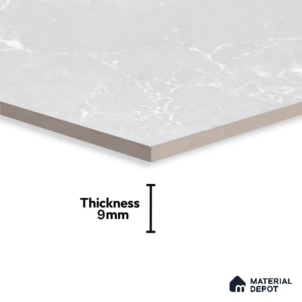 Marble Wall Tile TL 06781 C Terra Mirage Light 2 ft x 1 ft Light Grey Ceramic Glossy Finish Plain Tile - 9 mm | Ideal for Living Room, Bathroom, Kitchen