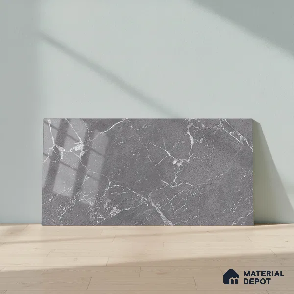 Marble Wall Tile TL 06781 D Terra Mirage Dusk 2 ft x 1 ft Dark Grey Ceramic Glossy Finish Plain Tile - 9 mm | Ideal for Living Room, Bathroom, Kitchen