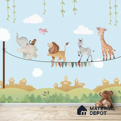 Marching Animals on Rope Theme for Kids Room, Customised Sparkla N Shine Series Soft Feel Entertainment Design (Customised Size Wallpaper)