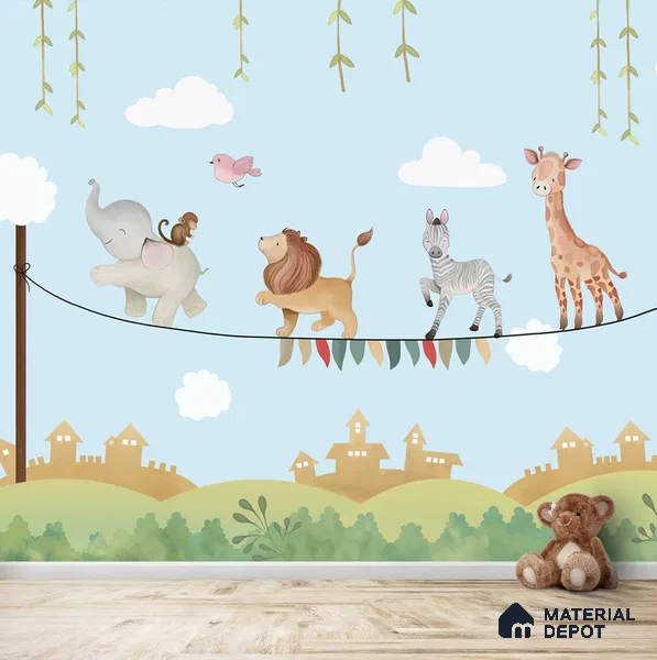Marching Animals on Rope Theme for Kids Room, Customised Sparkla N Shine Series Soft Feel Entertainment Design (Customised Size Wallpaper)