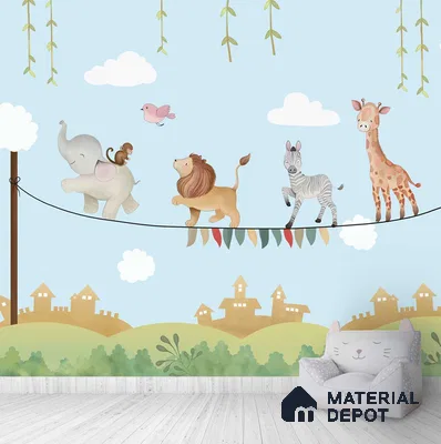 Marching Animals on Rope Theme for Kids Room, Customised Sparkla N Shine Series Soft Feel Entertainment Design (Customised Size Wallpaper)