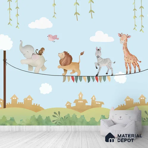 Marching Animals on Rope Theme for Kids Room, Customised Sparkla N Shine Series Soft Feel Entertainment Design (Customised Size Wallpaper)