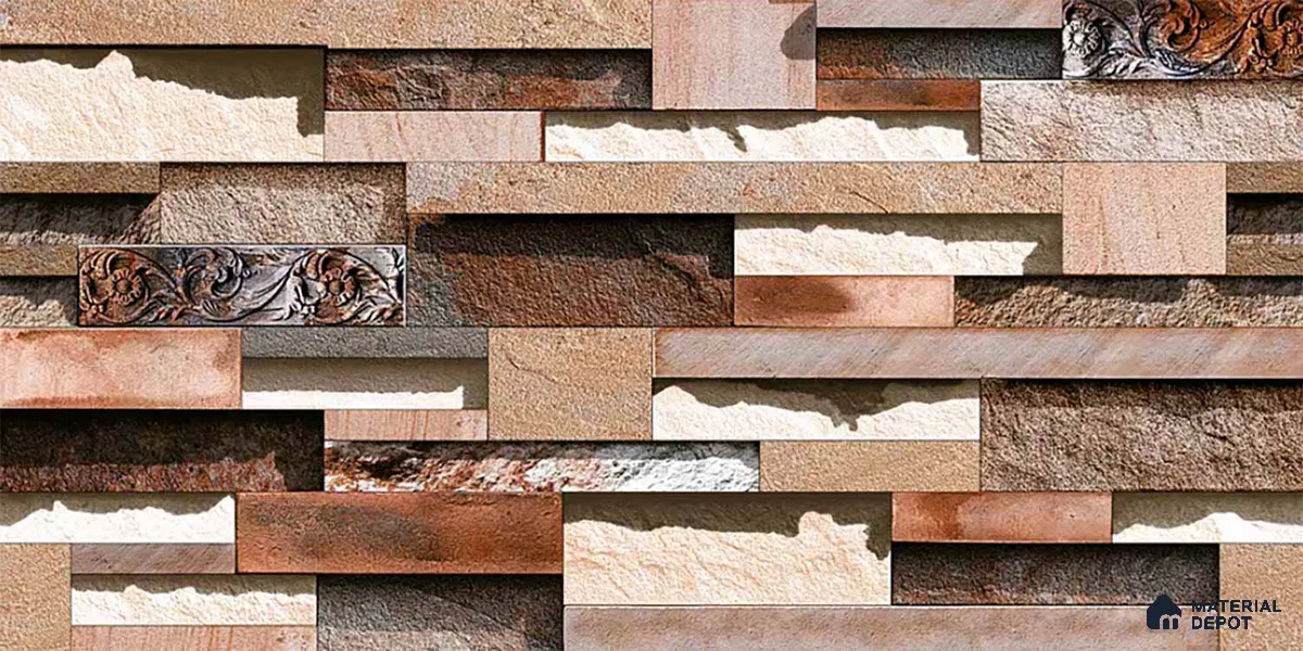Stacked Stone Look Wall Tile TL 09429 | Matte Finish 2 ft x 1 ft Ceramic Tile - 9 mm | Suitable For Modern Facades, Outdoor Cladding, Feature Wall