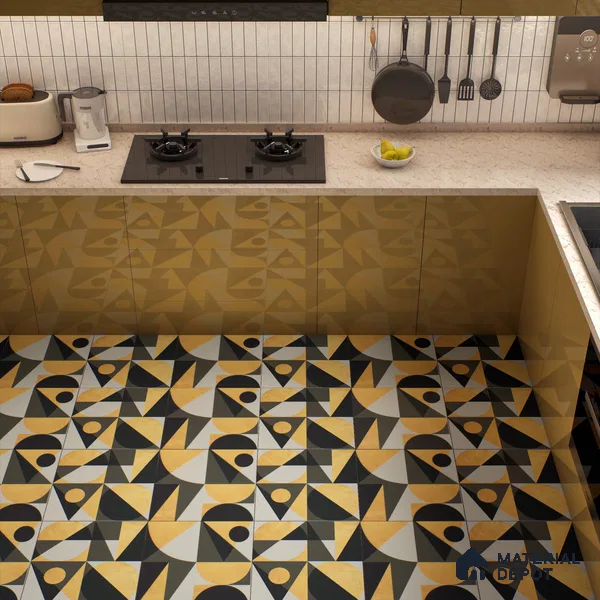 Moroccan Wall & Floor Tile TL 00207 A Yellow & Black 1 ft x 1 ft Matte Finish Ceramic Tile - 9 mm | Random Design | Suitable For Kitchen, Bathroom, Dining Area | Please Expect a Slight Variation of Pattern