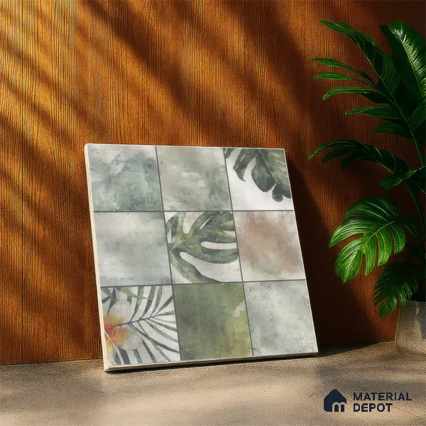 Tropical Wall Tile TL 00215 A Pattern 1 Vivid Green 1 ft x 1 ft Matte Finish Ceramic Tile - 9 mm | Random Design |Suitable For Bathroom, Balcony, Dining Area | Please Expect a Slight Variation of Pattern