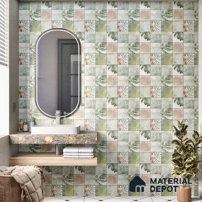 Tropical Wall Tile TL 00215 A Pattern 1 Vivid Green 1 ft x 1 ft Matte Finish Ceramic Tile - 9 mm | Random Design |Suitable For Bathroom, Balcony, Dining Area | Please Expect a Slight Variation of Pattern