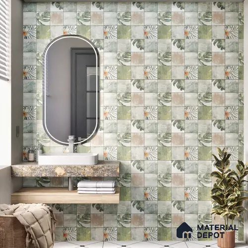 Tropical Wall Tile TL 00215 A Pattern 1 Vivid Green 1 ft x 1 ft Matte Finish Ceramic Tile - 9 mm | Random Design |Suitable For Bathroom, Balcony, Dining Area | Please Expect a Slight Variation of Pattern