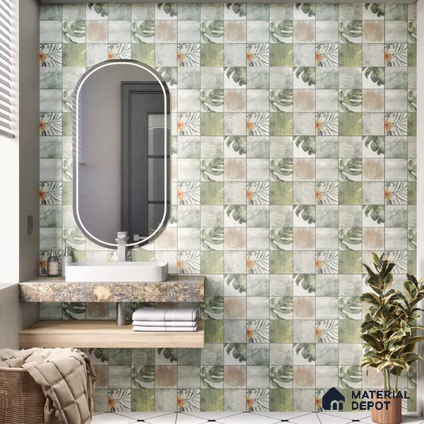 Tropical Wall Tile TL 00215 A Pattern 1 Vivid Green 1 ft x 1 ft Matte Finish Ceramic Tile - 9 mm | Random Design |Suitable For Bathroom, Balcony, Dining Area | Please Expect a Slight Variation of Pattern