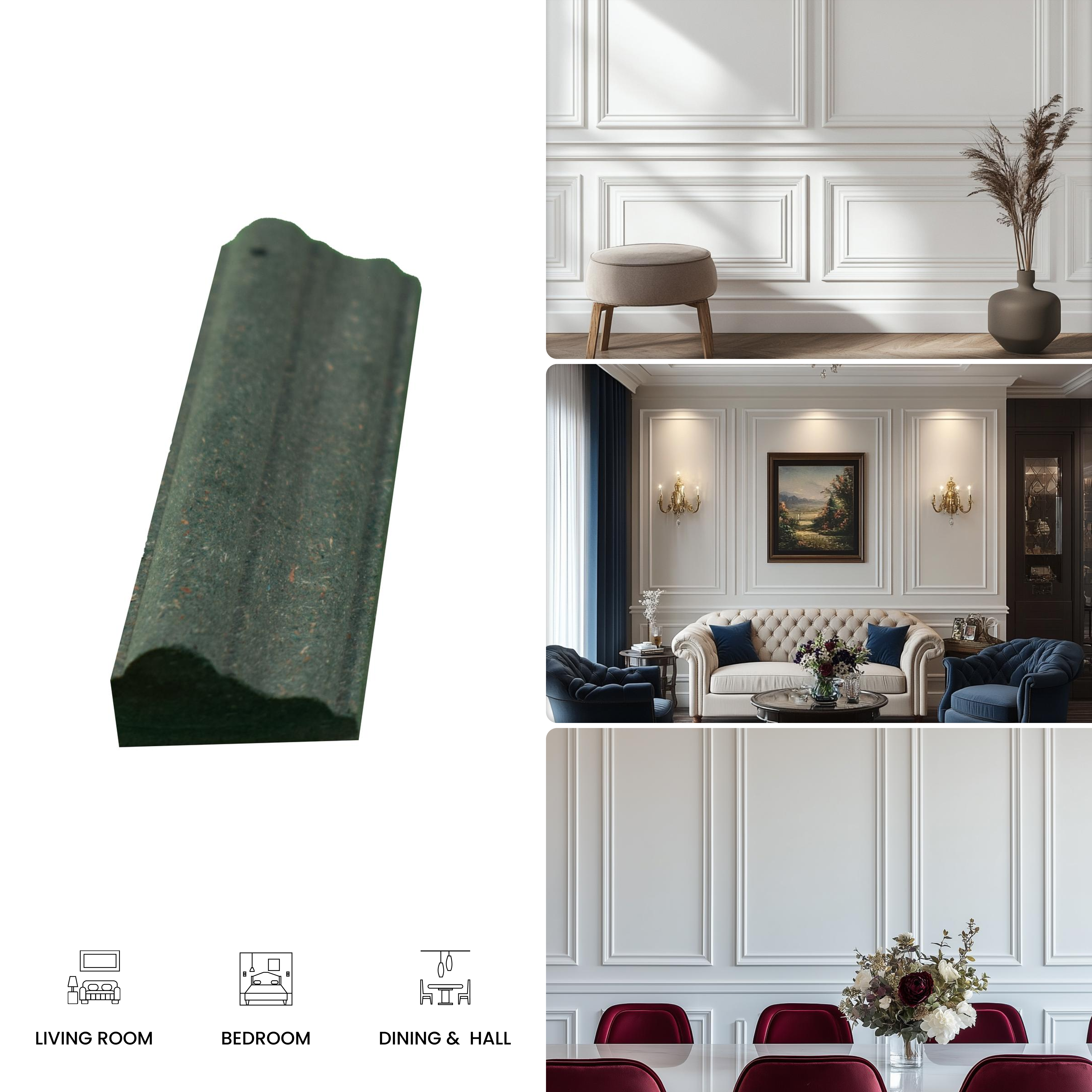 DIY Unfinished HDHMR Designer Paintable Wainscot French Wall Moulding Design 1 Greenova PM 00297 D | 8 ft x 30 mm x 18 mm | Nail & Adhesive Installation