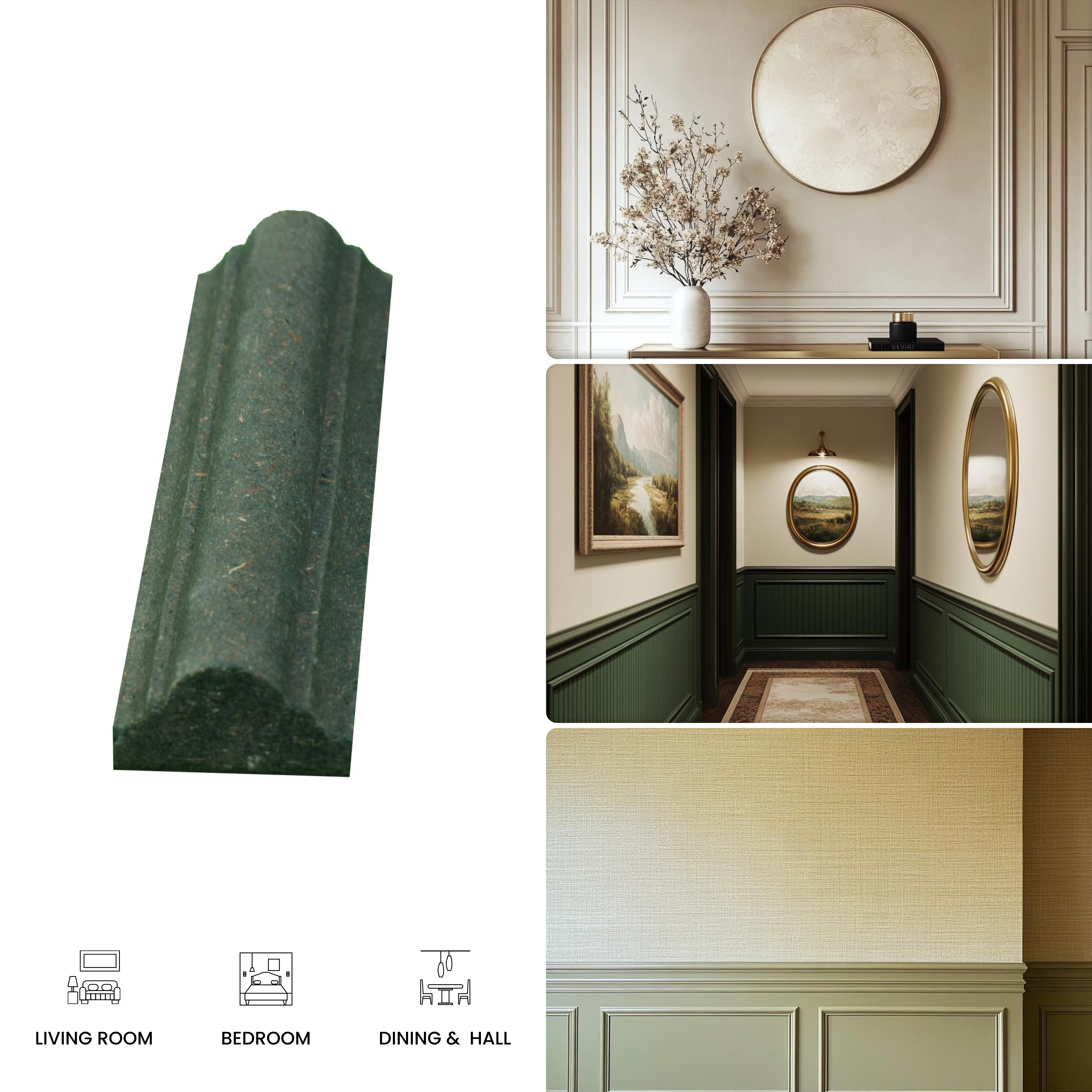 DIY Unfinished HDHMR Designer Paintable Wainscot French Wall Moulding Design 2 Greenova PM 00297 F | 8 ft x 38 mm x 18 mm | Nail & Adhesive Installation
