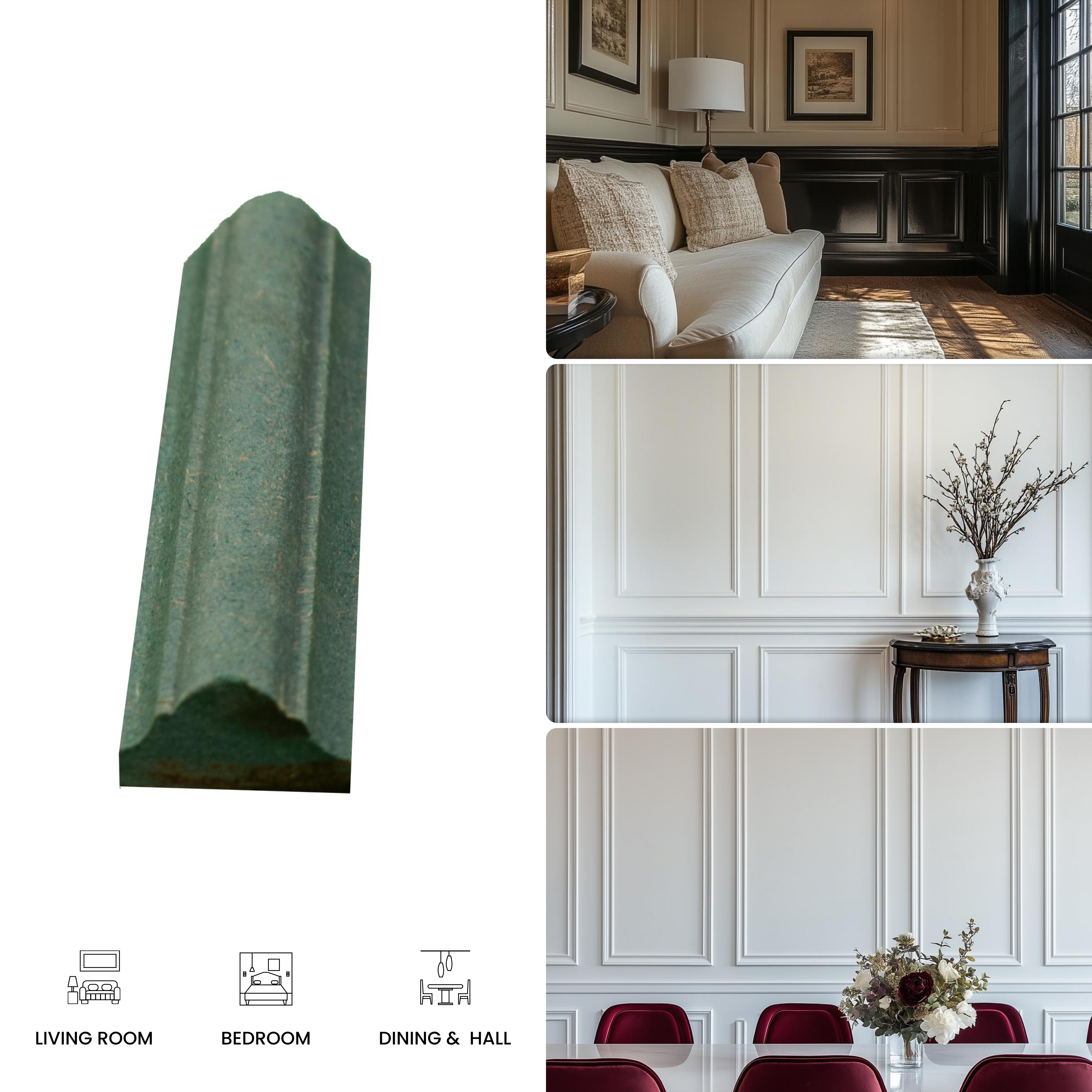 DIY Unfinished HDHMR Designer Paintable Wainscot French Wall Moulding Design 2 Greenova PM 00297 G | 8 ft x 30 mm x 18 mm | Nail & Adhesive Installation