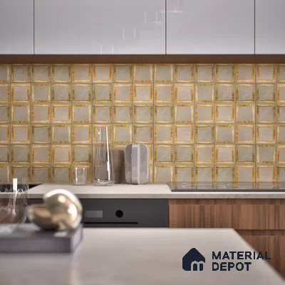 Metallic Wall Handmade Tile TL 05876 Golden Frame 98 mm x 98 mm Vitrified - 9 mm | Single Pattern | Suitable For Living Room, Bedroom, Kitchen