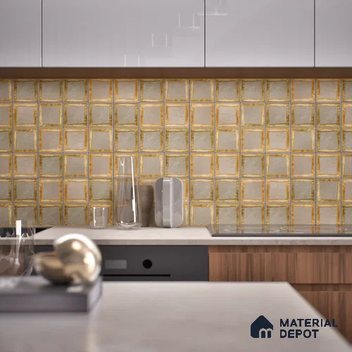 Metallic Wall Handmade Tile TL 05876 Golden Frame 98 mm x 98 mm Vitrified - 9 mm | Single Pattern | Suitable For Living Room, Bedroom, Kitchen