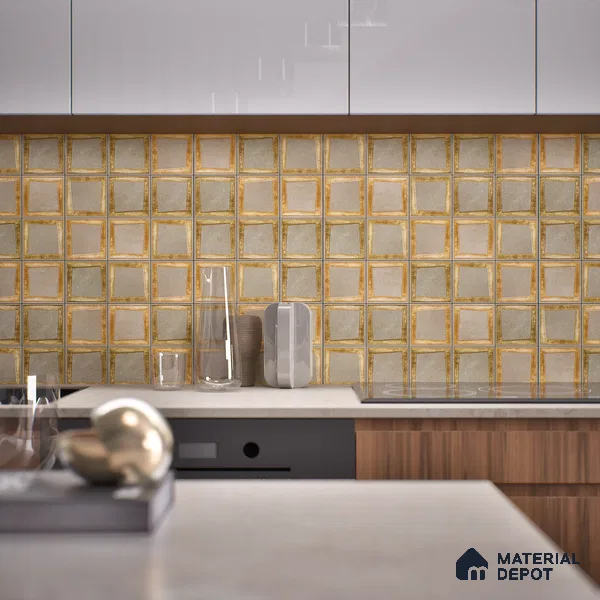 Metallic Wall Handmade Tile TL 05876 Golden Frame 98 mm x 98 mm Vitrified - 9 mm | Single Pattern | Suitable For Living Room, Bedroom, Kitchen