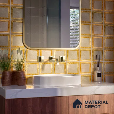 Metallic Wall Handmade Tile TL 05876 Golden Frame 98 mm x 98 mm Vitrified - 9 mm | Single Pattern | Suitable For Living Room, Bedroom, Kitchen