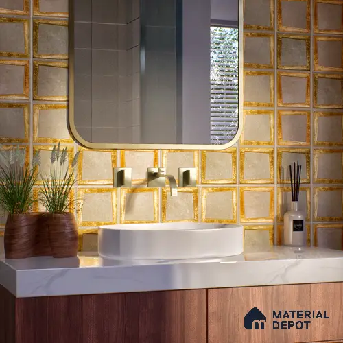 Metallic Wall Handmade Tile TL 05876 Golden Frame 98 mm x 98 mm Vitrified - 9 mm | Single Pattern | Suitable For Living Room, Bedroom, Kitchen