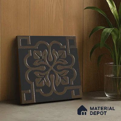 Metallic Wall Handmade Tile TL 05866 Floral Frame Bronze Charm 148 mm x 148 mm Vitrified - 9 mm | 6 Random Patterns | Suitable For Living Room, Bedroom, Kitchen