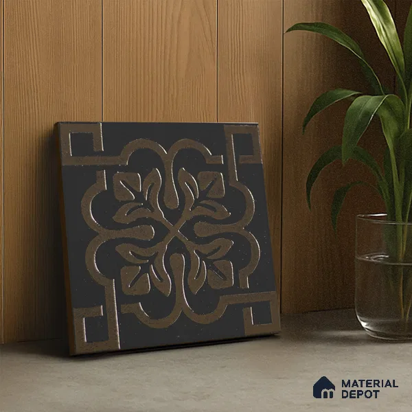 Metallic Wall Handmade Tile TL 05866 Floral Frame Bronze Charm 148 mm x 148 mm Vitrified - 9 mm | 6 Random Patterns | Suitable For Living Room, Bedroom, Kitchen