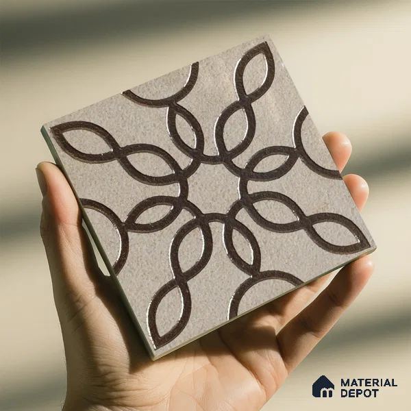 Metallic Wall Handmade Tile TL 05864 C Floral Loop Bronze Scroll 96 mm x 96 mm Vitrified - 9 mm | 4 Random Patterns | Suitable For Living Room, Bedroom, Kitchen