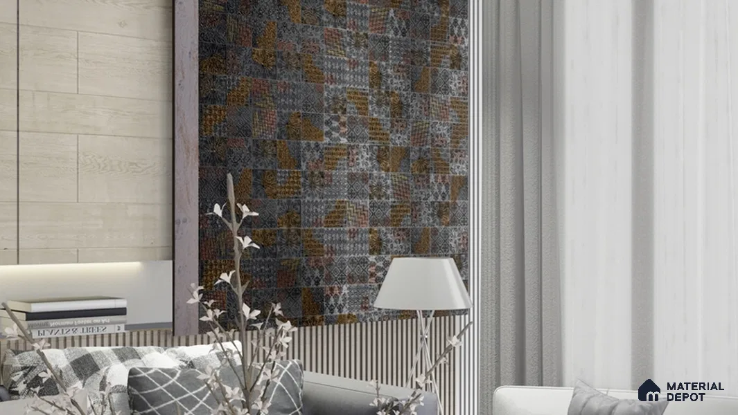 Metallic Wall Handmade Tile TL 05878 Pattern 1 Rustic Noir 96 mm x 96 mm Vitrified - 9 mm | Random Mix Patterns | Suitable For Living Room, Bedroom, Kitchen
