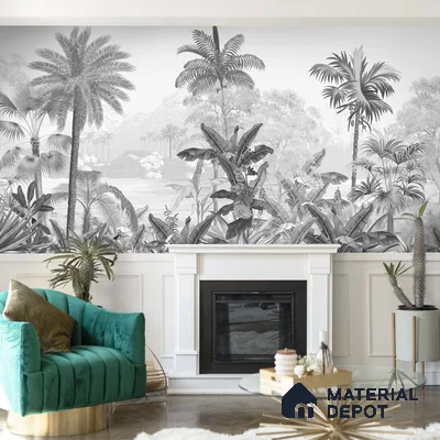 Monochrome Palm haven Wallpaper for Walls Sukoon Series Canvas Nature Design (Customised Size Wallpaper)