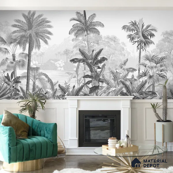 Monochrome Palm haven Wallpaper for Walls Sukoon Series Canvas Nature Design (Customised Size Wallpaper)