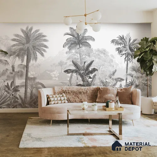 Monochrome Palm haven Wallpaper for Walls Sukoon Series Canvas Nature Design (Customised Size Wallpaper)