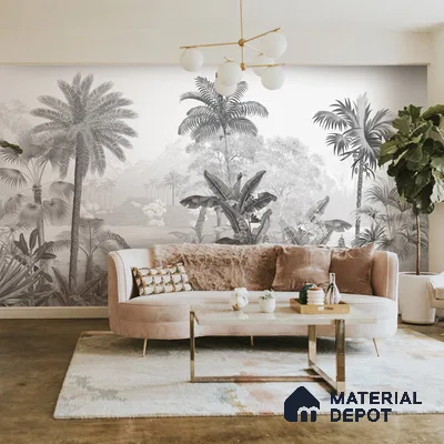 Monochrome Palm haven Wallpaper for Walls Sukoon Series Handmade Nature Design (Customised Size Wallpaper)