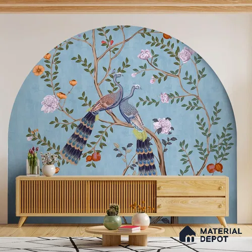Morni, Peacock and Flowers Chinoiserie Design for Walls, Blue Sukoon Series Canvas Chinoserie Design (Customised Size Wallpaper)