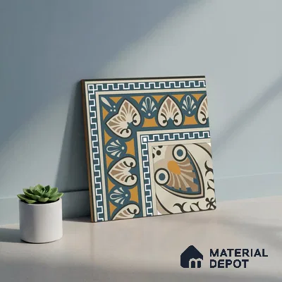 Moroccan Carpet Floor Tile TL 06683 Barcelona Ivory 1 ft x 1 ft Brown Ceramic Glue Matte Finish Corner Tile - 9 mm | Ideal for Living Room, Kitchen, Dining Area | Please Expect a Slight Variation of Pattern