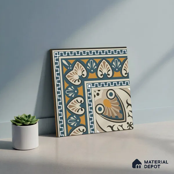 Moroccan Carpet Floor Tile TL 06683 Barcelona Ivory 1 ft x 1 ft Brown Ceramic Glue Matte Finish Corner Tile - 9 mm | Ideal for Living Room, Kitchen, Dining Area | Please Expect a Slight Variation of Pattern